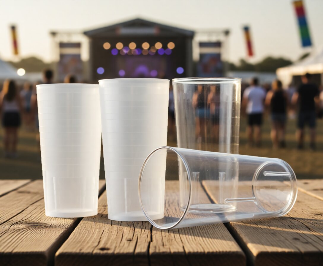 Mehrwegbecher aus SAN und PP auf Holztisch vor Festivalbühne